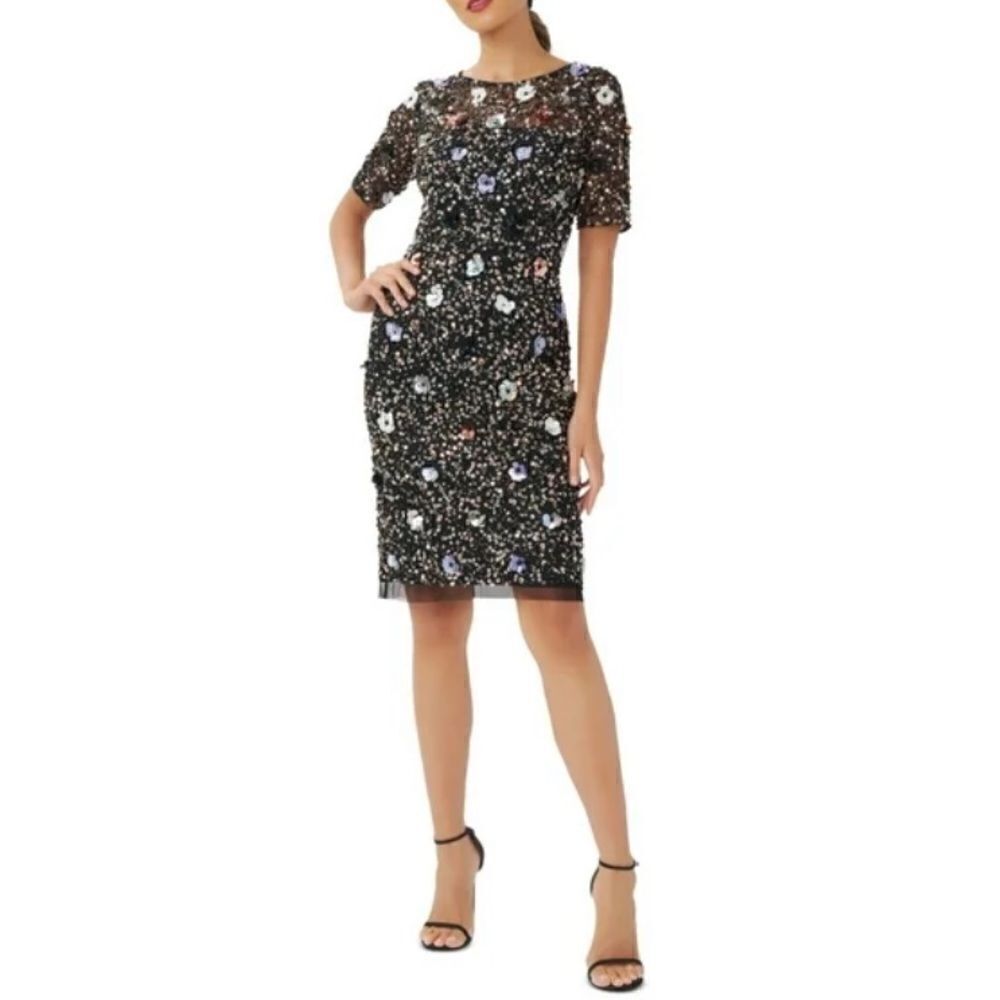 Adrianna Papell Black Floral Beaded Sequin Cocktail Dress Short Sleeve, 8 NWT